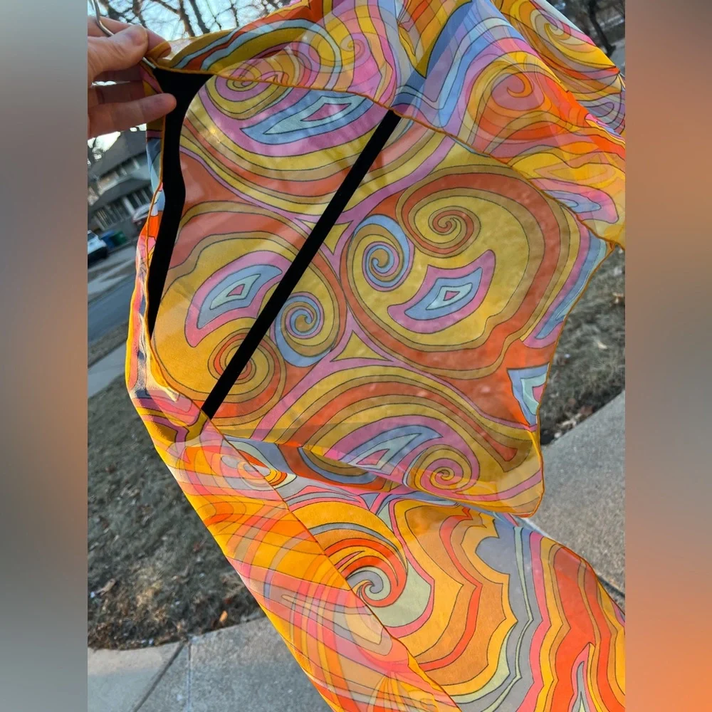 Sheer Paisley 1970s Mod Scarf /Ponytail Tie/Wrap Orange/Pink/Blue/Yellow 15βx44β - Picture 10 of 16